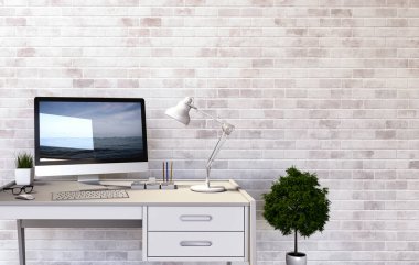 Beyaz üst Danışma, çalışma alanı, çalışma arka plan, iç çalışma odası, masaüstü bilgisayar ekranındaki çalışma alanı için iç tasarım beton background.3d işleme