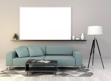 poster çerçevesi içinde yenilikçi iç modern oturma odası geçmiş, 3d render kadar alay