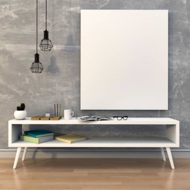 Mockup boş poster bir beton duvar masaüstü aksesuarları ile. 3D render.