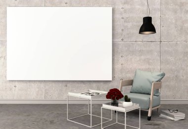 poster çerçevesi içinde yenilikçi iç modern oturma odası geçmiş, 3d render kadar alay