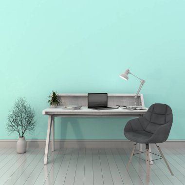 İç modern yaşam yeşil oda çalışma masası ve dizüstü bilgisayar ile 3D render 