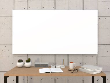 Mockup boş poster bir beton duvar masaüstü aksesuarları ile. 3D render.