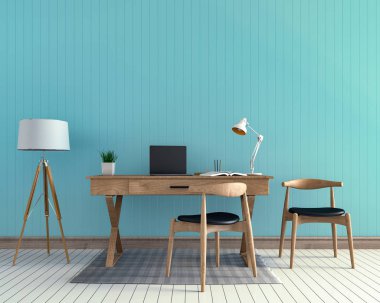 İç modern oturma odası parlak çalışma masası ve dizüstü bilgisayarı ve yeşil bitkiler ile 3D render 