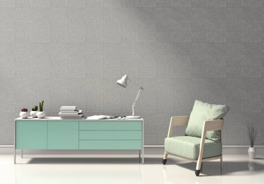 sandalye, bitkiler, kabine, boş duvar arka plan ile oturma odası iç 3D render.