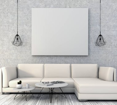 poster çerçevesi içinde yenilikçi iç modern oturma odası geçmiş, 3d render kadar alay