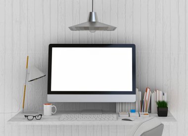 İç modern oturma odası parlak çalışma masası ve dizüstü bilgisayarı ve yeşil bitkiler ile 3D render 