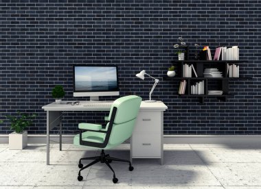 İç modern oturma odası parlak çalışma masası ve dizüstü bilgisayarı ve yeşil bitkiler ile 3D render 