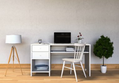 İç modern oturma odası parlak çalışma masası ve dizüstü bilgisayarı ve yeşil bitkiler ile 3D render 