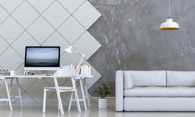 kanepe, Masası, dizüstü bilgisayar ve yeşil bitkiler ile iç modern oturma odası çalışma alanının 3B oluşturma 