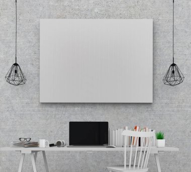 Masaüstü masaüstü bilgisayarla mockup boş poster beton duvara. 3D render. Mockup poster ile masaüstü bilgisayar. 3D render.