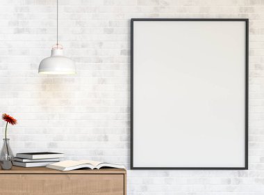 Mockup boş poster Resepsiyon ile bir beyaz tuğla duvar ve kitap boyalı beyaz tuğla duvar arka plan. 3D render