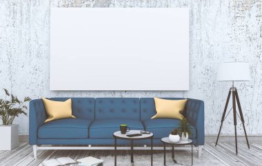 poster çerçevesi içinde yenilikçi iç modern oturma odası geçmiş, 3d render kadar alay