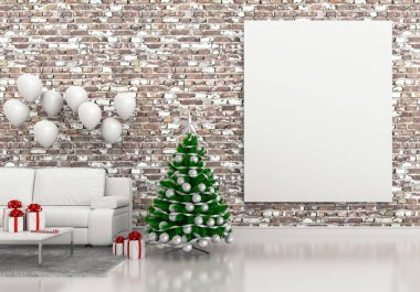 poster çerçevesi Noel iç modern oturma odası ile bir Noel ağacı kadar alay et. 3D render