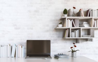 En iyi dizüstü bilgisayar masası, çalışma alanı, çalışma arka plan, çalışma odası, beyaz tuğla background.3d render iç çalışma alanı için iç tasarım