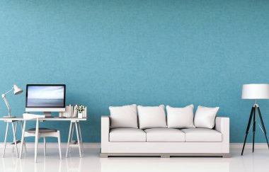 kanepe, Masası, dizüstü bilgisayar ve yeşil bitkiler ile iç modern oturma odası çalışma alanının 3B oluşturma 