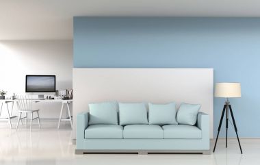 kanepe, Masası, dizüstü bilgisayar ve yeşil bitkiler ile iç modern oturma odası çalışma alanının 3B oluşturma 