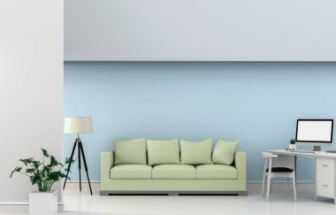 kanepe, Masası, dizüstü bilgisayar ve yeşil bitkiler ile iç modern oturma odası çalışma alanının 3B oluşturma 