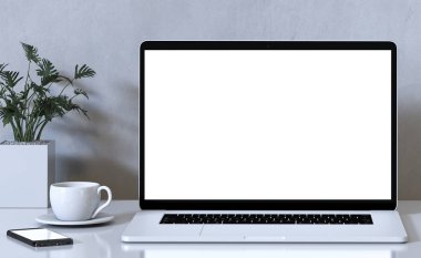 Beyaz üst Danışma, çalışma alanı, çalışma arka plan, iç çalışma odası, masaüstü bilgisayar ekranındaki çalışma alanı için iç tasarım beton background.3d işleme