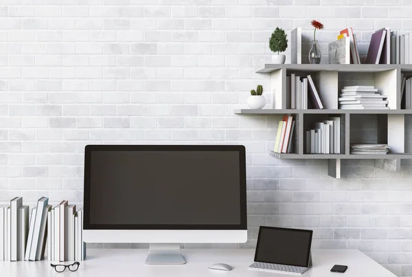 Interior Design Working Area Desktop Computer Screen White Top Desk — Stock Photo, Image