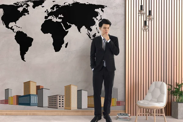 businessman wearing a black suit stand against the wall have black world map and city. 3D Rendering.