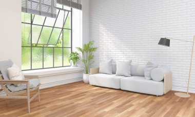 İç modern oda ve penceresinde yeşil manzara 3D render.