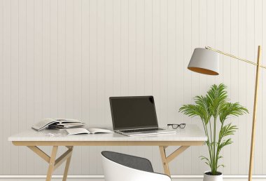 İç modern oturma odası parlak çalışma alanı Resepsiyon ve dizüstü bilgisayarı ve yeşil bitkiler ile 3D render 