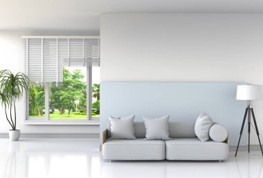 İç modern oda ve penceresinde yeşil manzara 3D render.