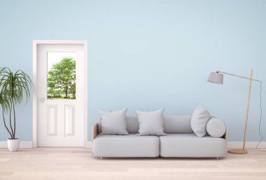 İç modern oturma odası ve yeşil yatay kapı. 3D render