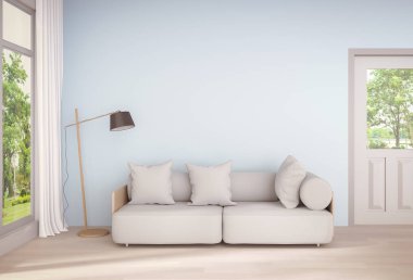 İç modern oturma odası ve yeşil peyzaj penceresinde. 3D render