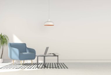 koltuk, Resepsiyon, dizüstü bilgisayar ile iç modern oturma odası çalışma alanının 3B oluşturma 