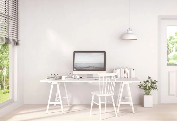interior design for working area with Desktop computer screen on white top desk,working space,working background ,interior of working room , concrete background.3d rendering