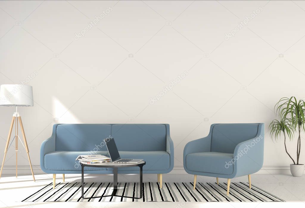 3D rendering of interior modern living room workspace with sofa, desk, laptop computer 