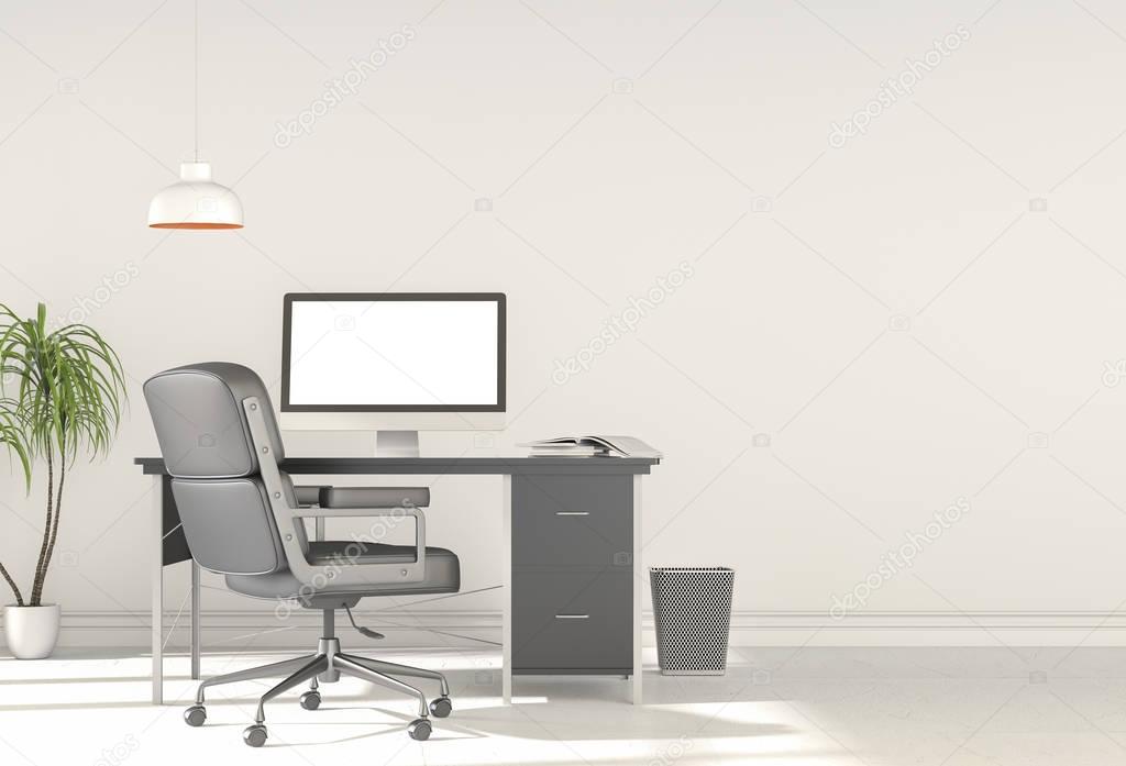 3D rendering of interior modern living room bright workspace with desk and laptop computer.