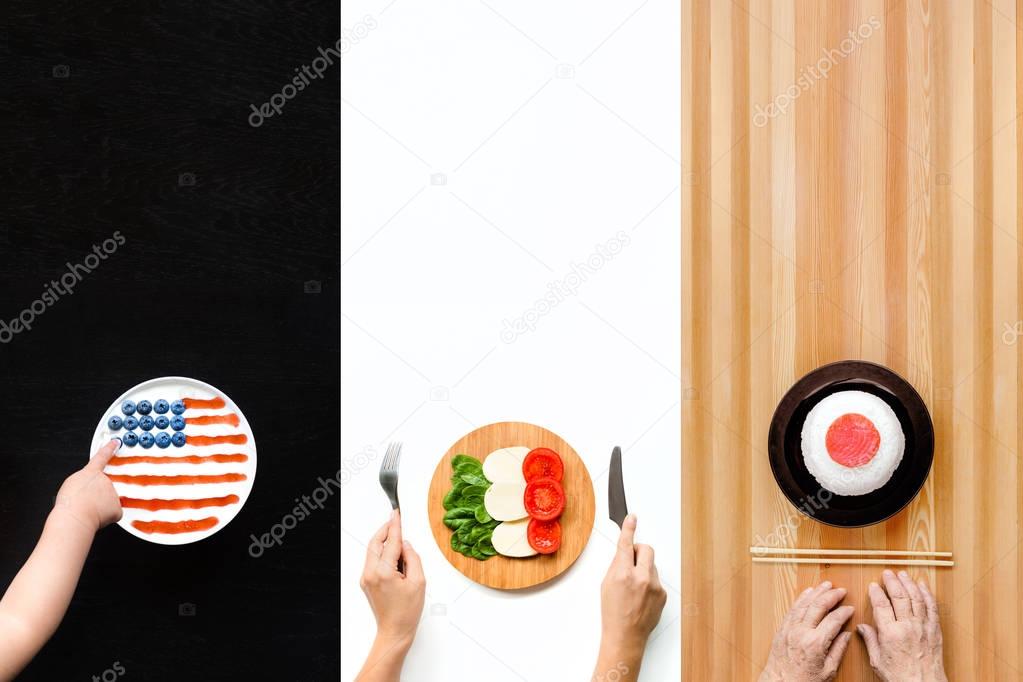 Plates of food in the form of flags of America, Italy and Japan. The concept of travel.