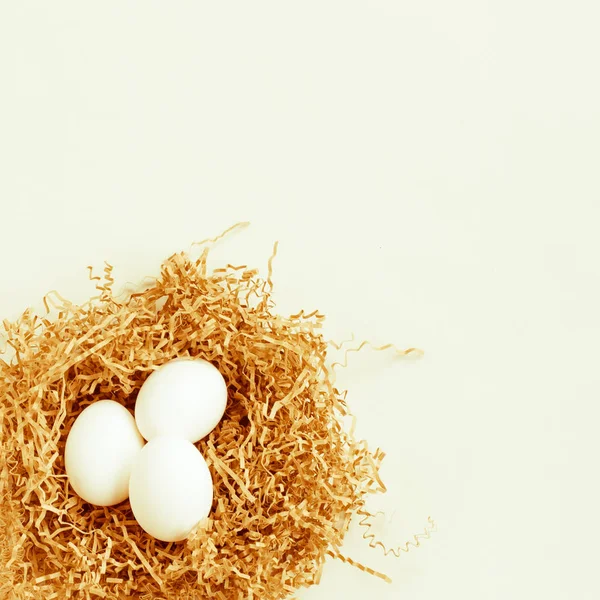 Huevos Pollo Blancos Nido Sobre Fondo Blanco Tonificado —  Fotos de Stock