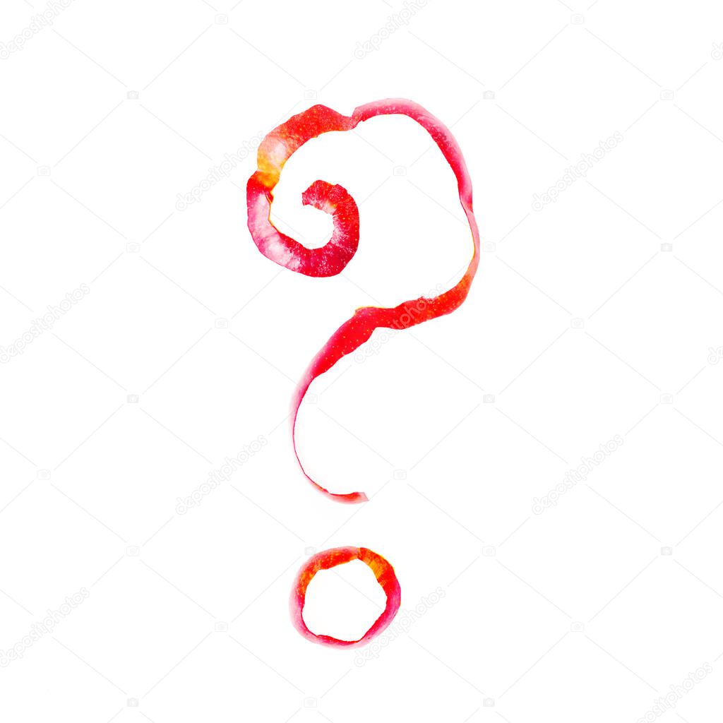 A question mark made from apple peel on white background. 