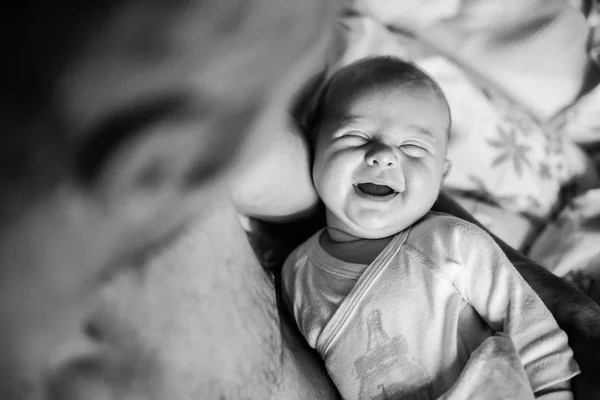Laughing Newborn Baby Fathers Arms — Stock Photo, Image