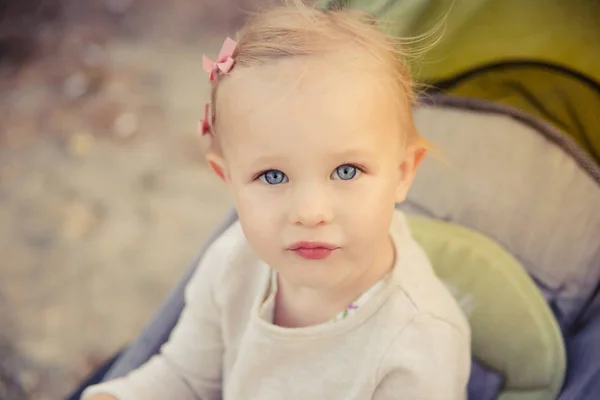 Cute Sad Blonde Baby Girl Blue Eyes Stroller — Stock Photo, Image