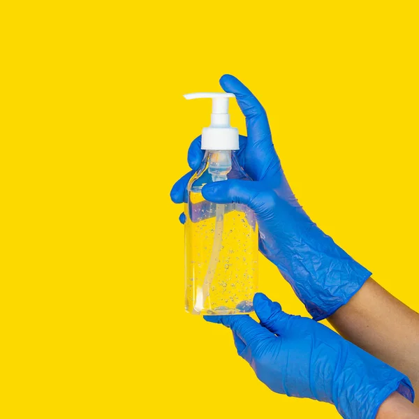 Hands Protective Surgical Gloves Hold Bottle Gel Sanitizer Pump Call — Stock Photo, Image