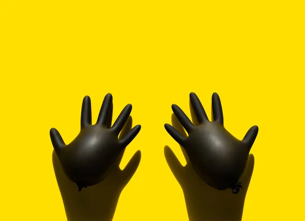 Zwei Aufgeblasene Medizinische Schwarze Latex Handschuhe Auf Gelbem Hintergrund Pop — Stockfoto