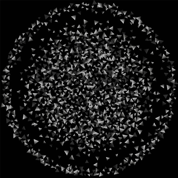 Silver confetti triangle on a black background.