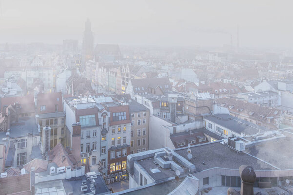 Smog over the city of Wrocaw, Poland. Winter view of the city skyline