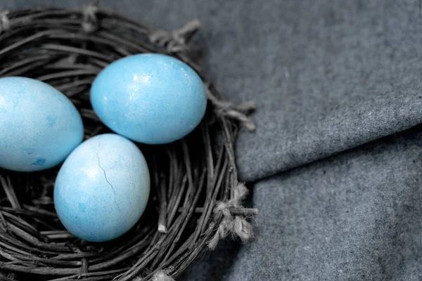 Gri kumaş arka planda bir yuvadaki Paskalya renkli yumurtalar