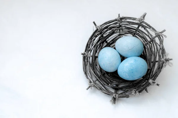 Paaskleurige Eieren Een Nest Een Lichte Achtergrond Stockfoto