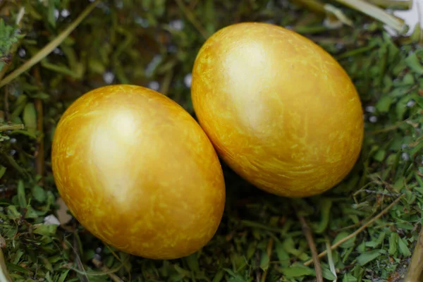 Beyaz arka planda altın paskalya yumurtası. Paskalya süsü. renkli yumurtalar.