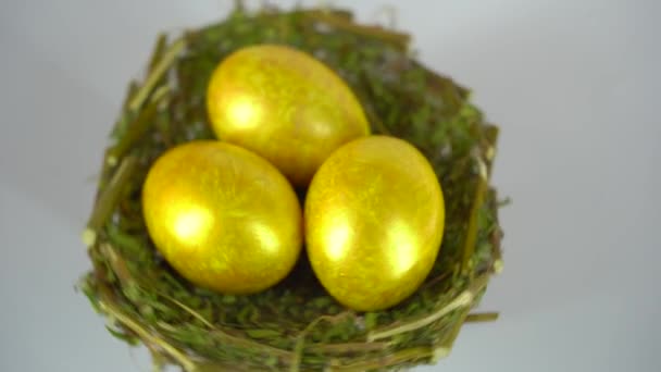 東の色の卵 白い背景の上の巣の中の黄金の卵 — ストック動画