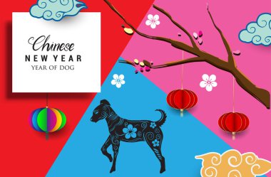 Çin yeni yılı 2018 tebrik kartı. Köpek yılı. Vektör çizim. Asya tarzı.