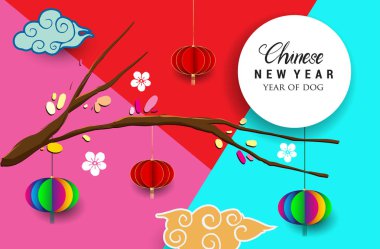 Çin yeni yılı 2018 tebrik kartı. Köpek yılı. Vektör çizim. Asya tarzı.