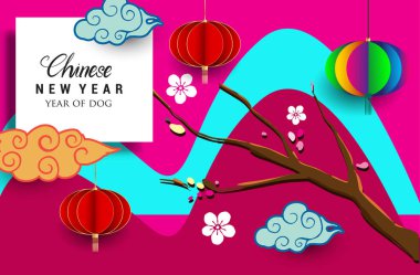 Çin yeni yılı 2018 tebrik kartı. Köpek yılı. Vektör çizim. Asya tarzı.