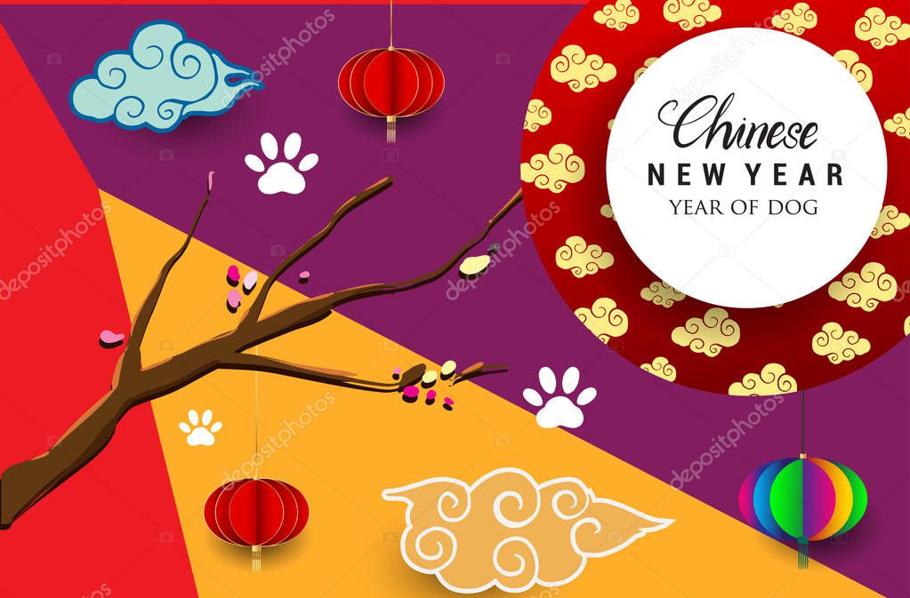 Chinese New Year 2018 greeting card. Year of dog. Vector illustration. Asian style.